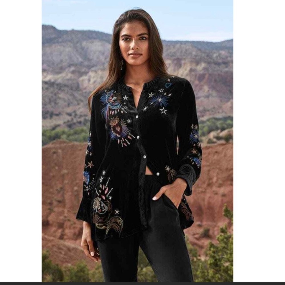 JONNY WAS VICTORIA VELVET VOYAGER Tunic Embroidered Shirt Brand NWT